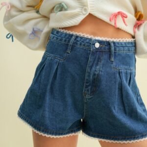 Lace Trim Pleated Denim Shorts